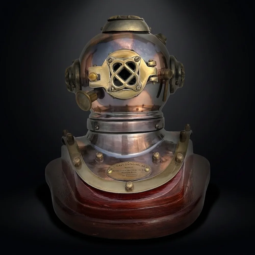 Antique Brass Diving Helmet Miniature with Wooden Base