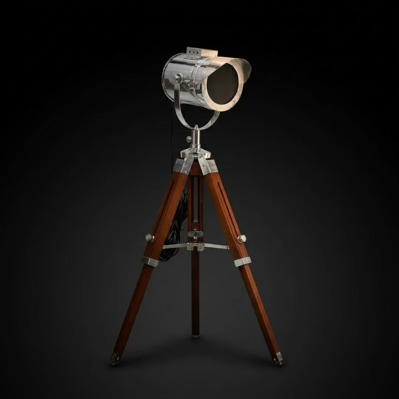 Chrome Spotlight on Wooden Tripod