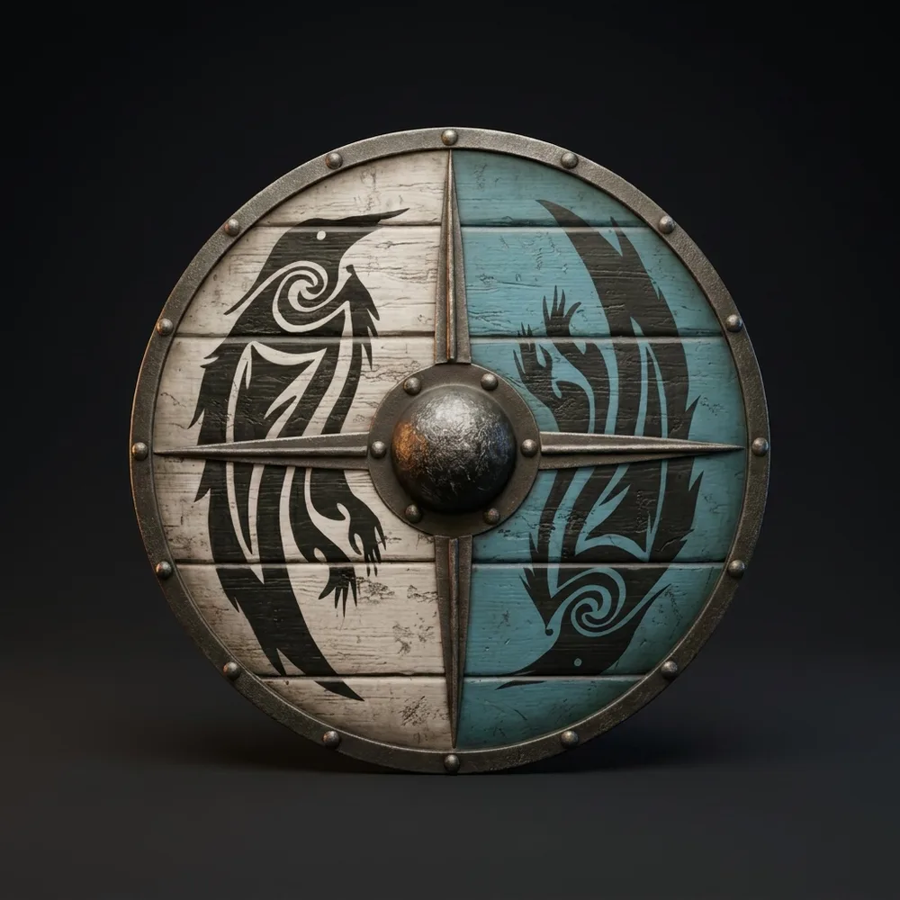 Handcrafted Viking Shield with Blue & White Dragon, Steel Boss